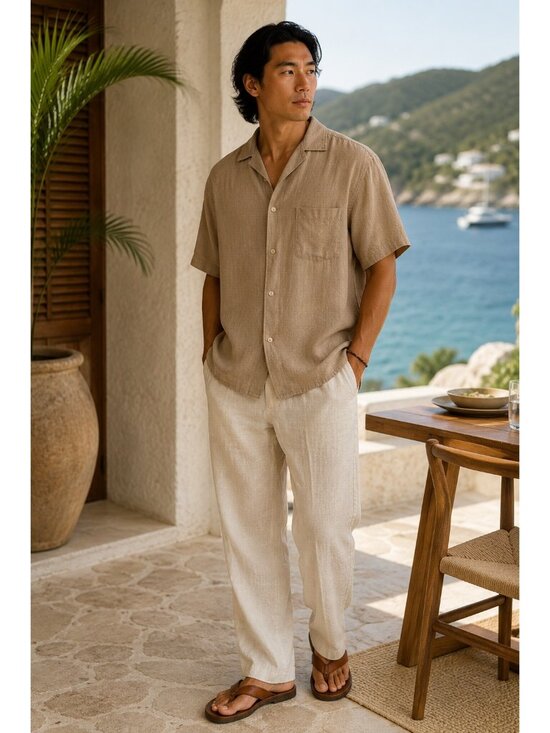 Lucky Brand Other - Lucky Brand 100% Linen Button Front Shirt Men’s XL Tan Short Sleeve Casual Beach
